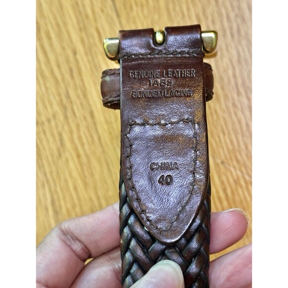 Genuine Leather Bonded Lacing Woven Braided Brown Belt Brass Buckle Size 40 - Picture 2 of 9